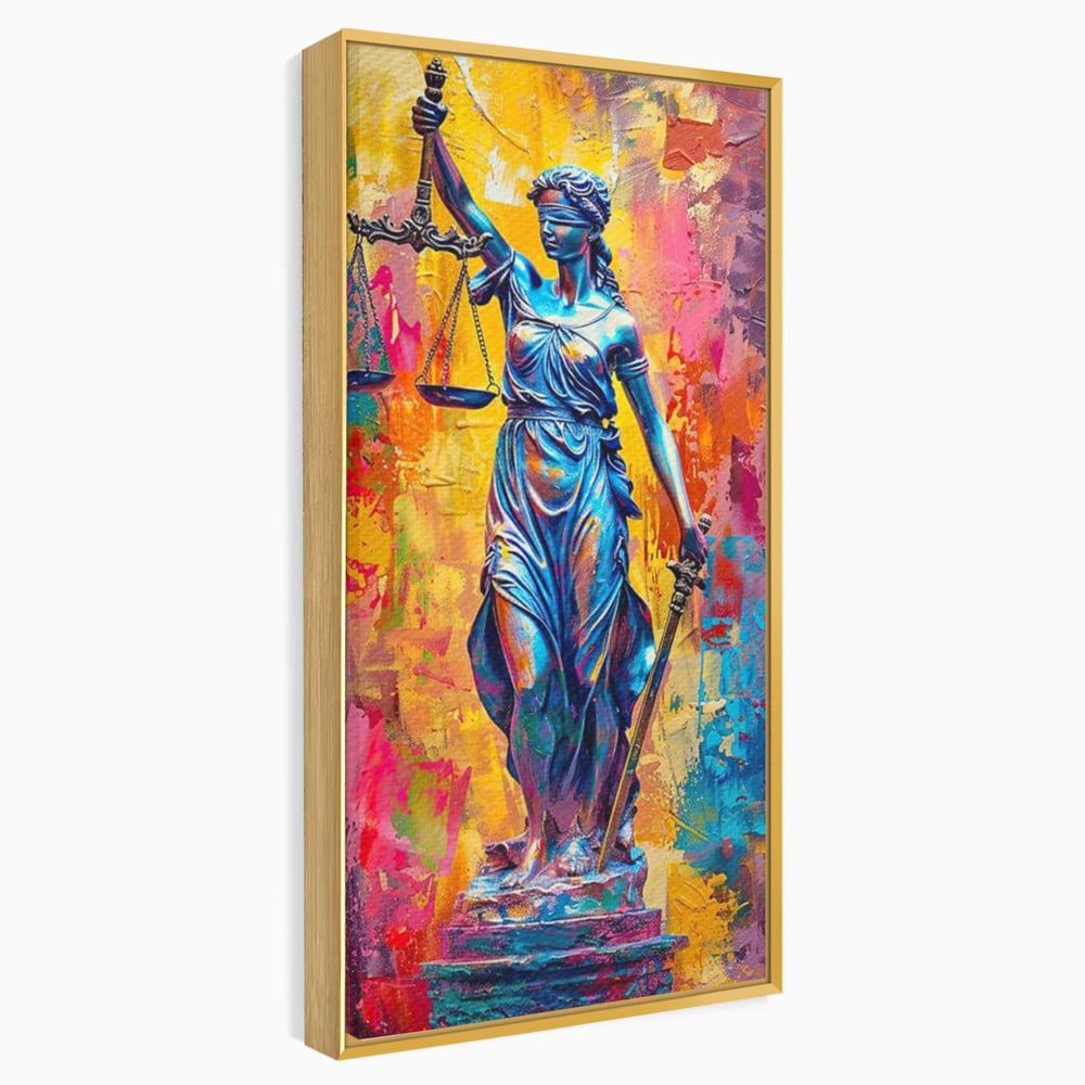 Tablou canvas cu tablou canvas cu zeita justitiei, in rama de aluminiu auriu